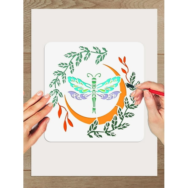 1 plantilla de libélula, hoja y luna, plantilla de dibujo y pintura calada de PET