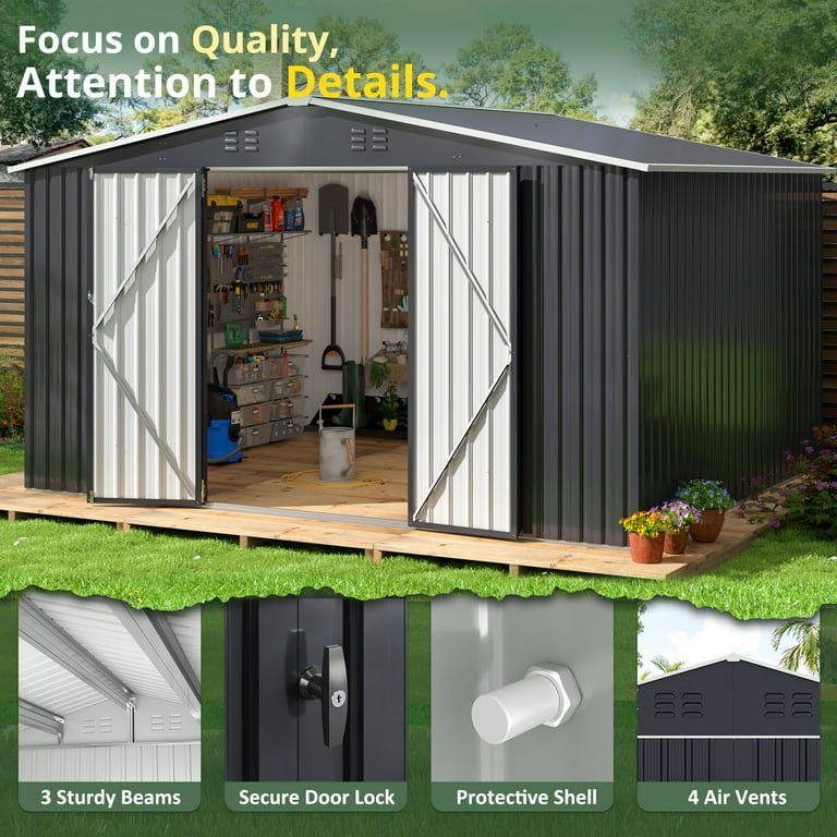NETAJE 12x10ft Outdoor Metal Storage Shed with Updated Frame