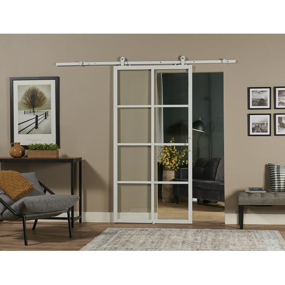 Pinecroft French Glass Barn Door Kit with White Frame and Clear Glass 42" x 84"