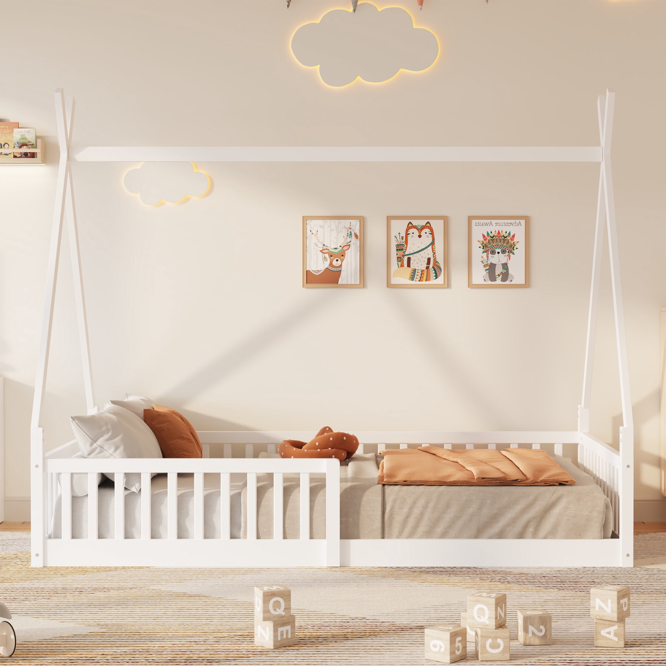 Noble House Windsor Twin Size Pine Wood House Bed with Fence, Distressed Washed Frame with Sky Roof, White