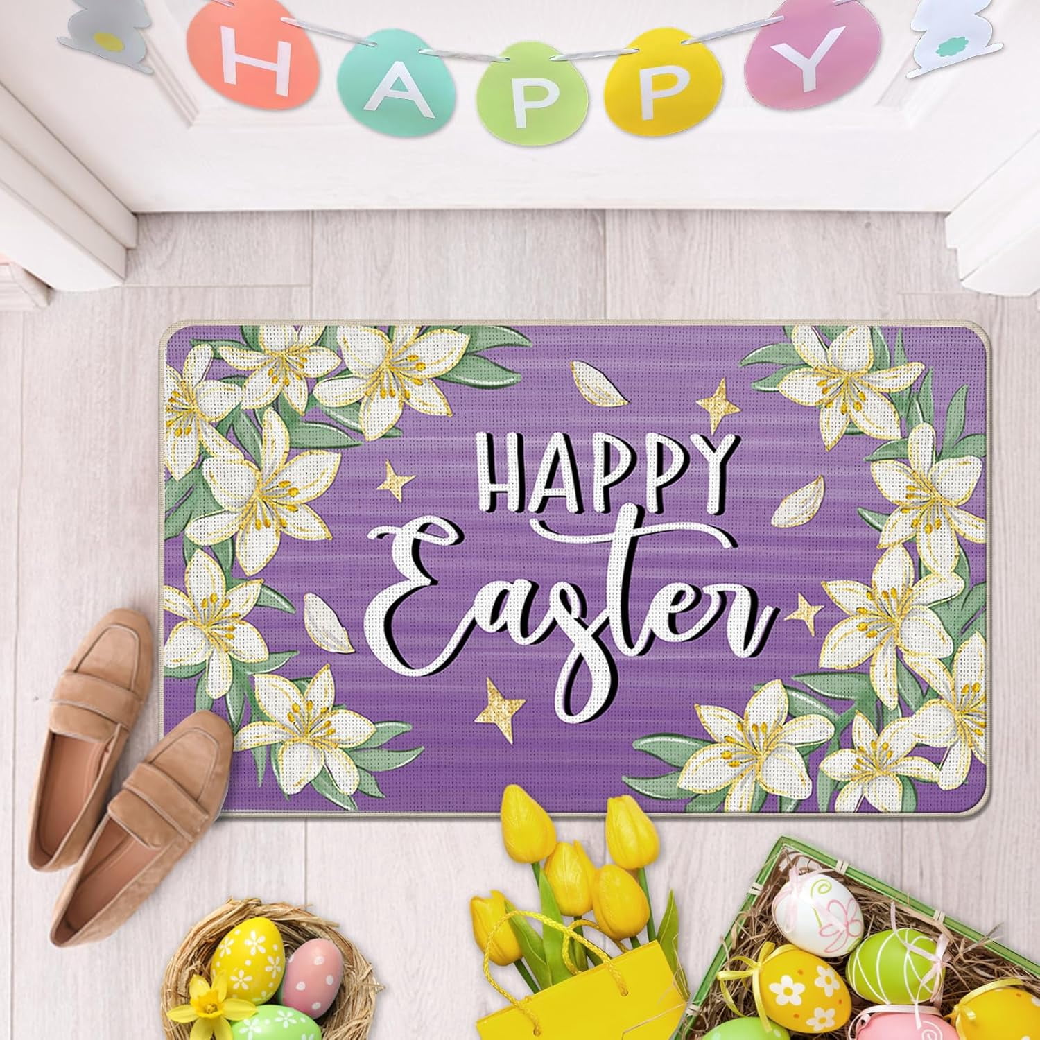 Happy Easter Lily Flowers Decorative Front Door Mat, Purple Floral Doormat Indoor Outdoor Non-Slip Floor Entryway Rug, Spring Home Kitchen Decoration 17x30 Inch