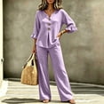 thumbnail image 4 of Gingham 2 Piece Set for Women Ruffle 3/4 Sleeve Notch Neck Top and Wide Leg Pants with Pockets Purple S, 4 of 7