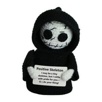 Wizlet Handmade Halloween Skeleton Crochet with Positive Message - Funny Knitted Wool Death Skull Doll for Halloween Home Office Decor