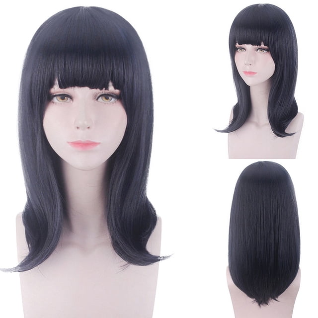 Peluca genérica para cosplay, 45 cm, mediana, recta, negra, con flequillo completo