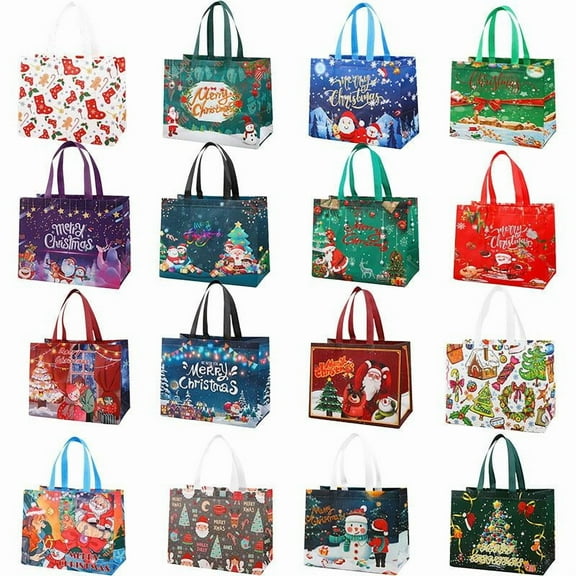 16PCS Christmas Gift Bags With Assorted Patterns. Reusable Non - Woven, Perfect For Holiday Gifting.Box Packs heavy-duty storage tote foldable shopping tote Water-Resistant market trip