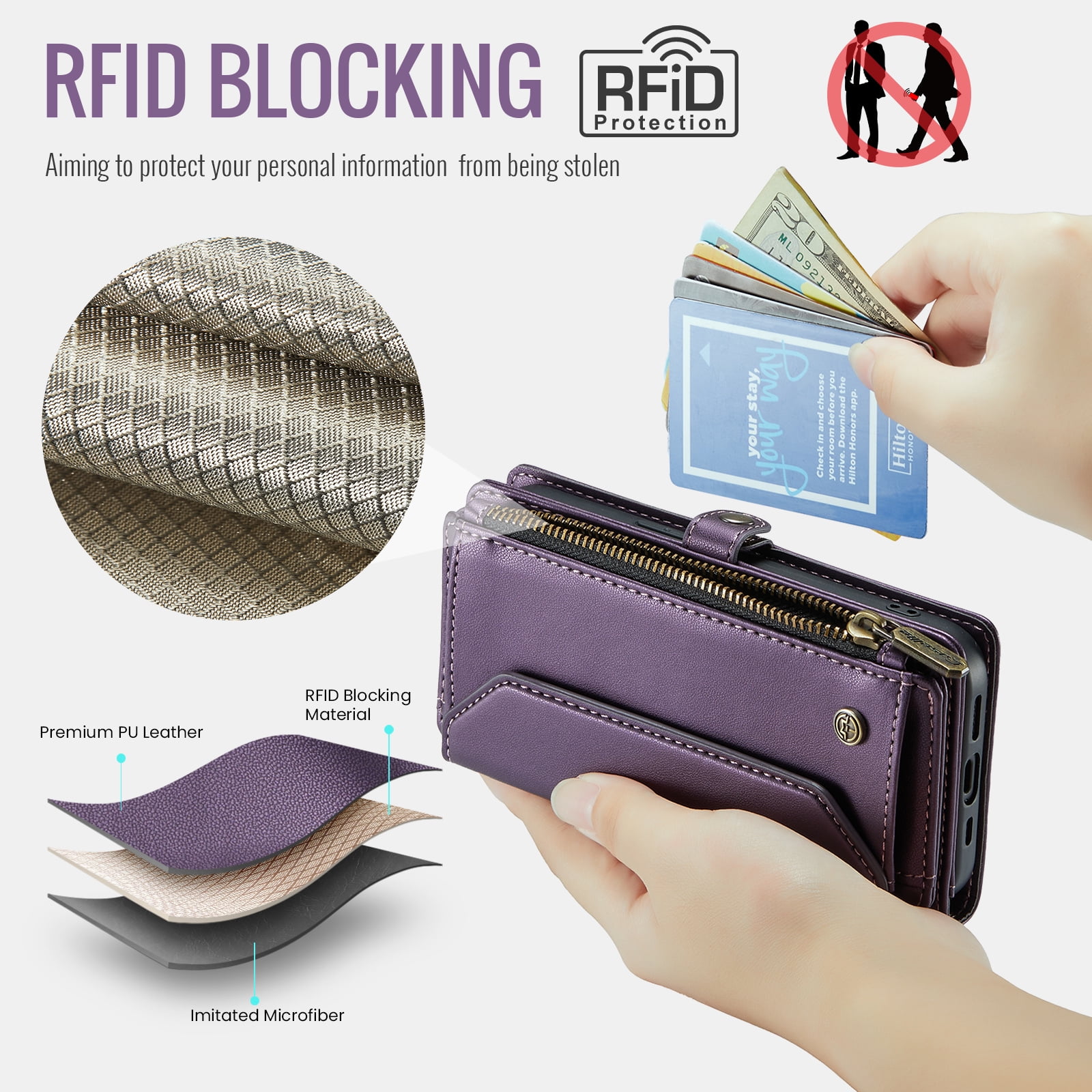 Dteck for Google Pixel 7A Case with RFID Blocking Wallet Case for Women Men, Shockproof PU Leather Magnetic Flip Strap Zipper Card Holder Phone Case,Purple