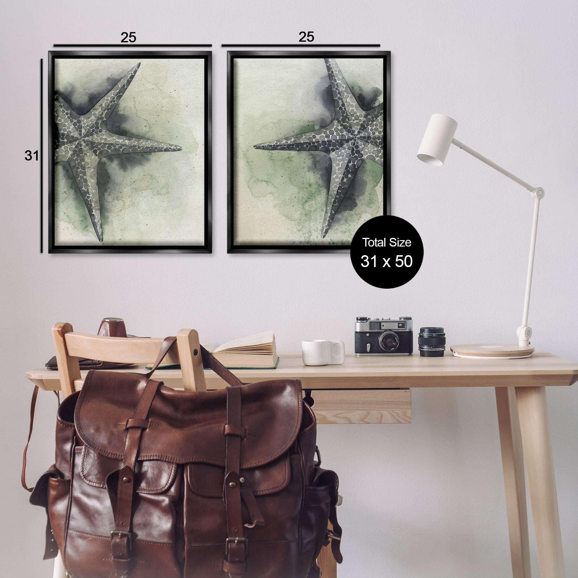Stupell Industries Detailed Starfish Sand Beach Nautical & Beach Painting Black Floater Framed Canvas Art Print Wall Art, 31 x 25, Set of 2
