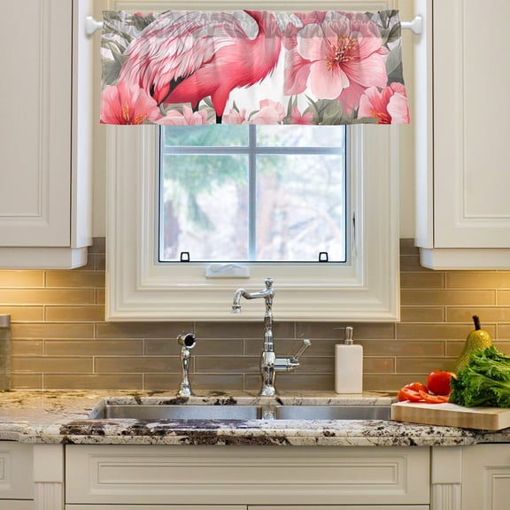Flamingo Flowers Floral Leaves Curtain Valances Farmhouse Design Window Treatment Decor Blackout Rod Pocket for Windows Living Room Kitchen 54" x 18"
