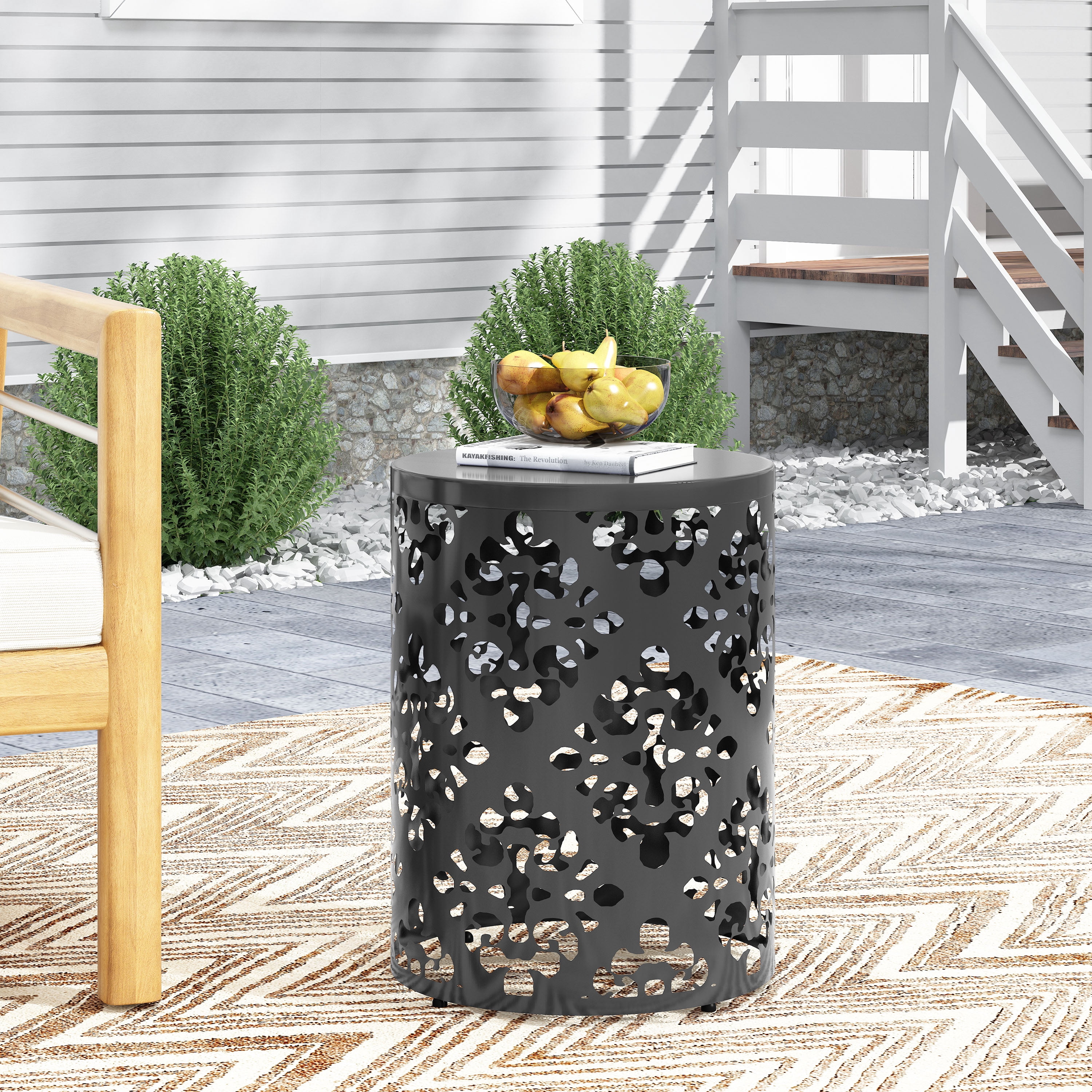 Outdoor Large Cylindrical Side Table, Floral Pattern Hollow Out Iron Tabletop for Patio Garden, Black