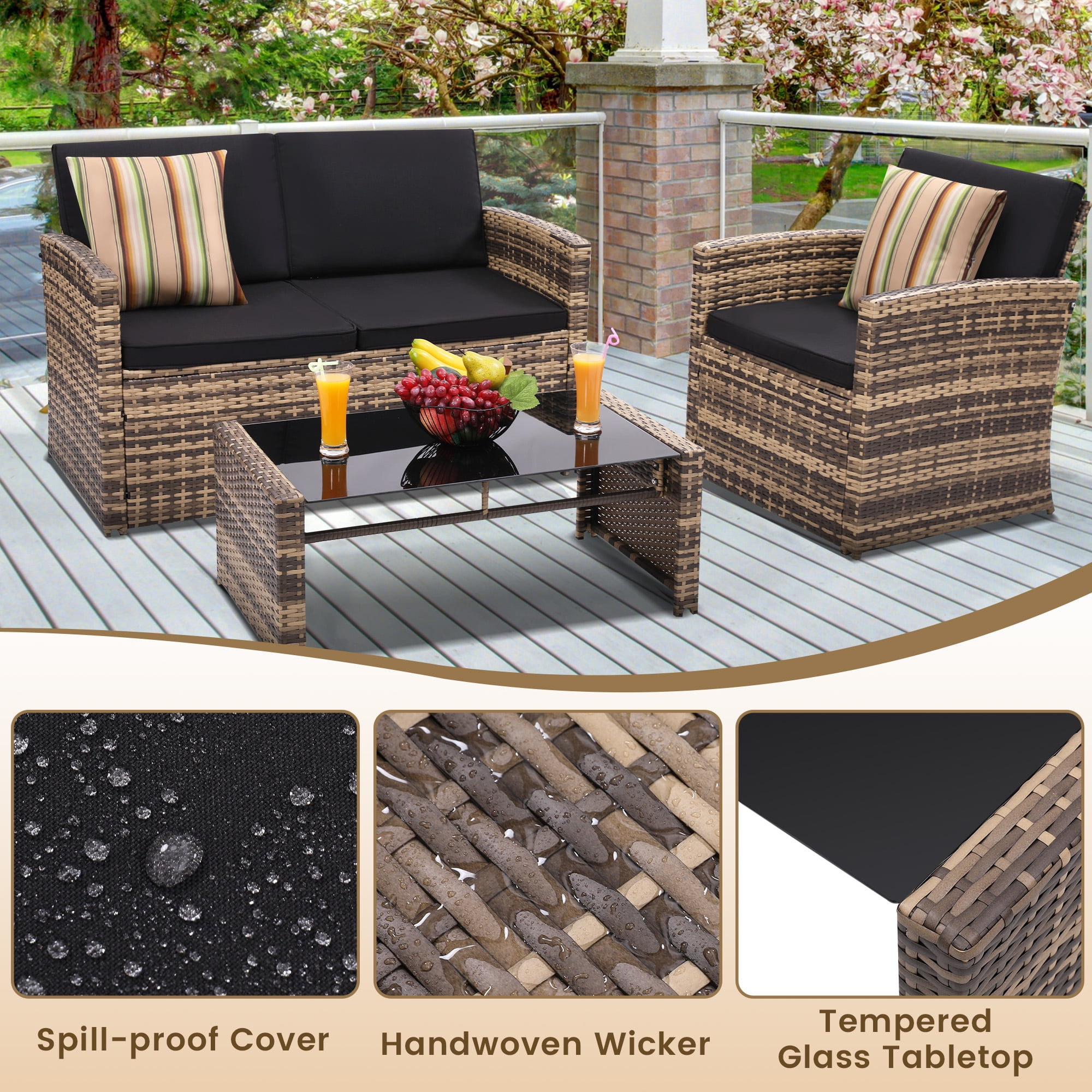 TUAREX Outdoor 4 Piece Wicker Patio Furniture Set, Waterproof Rattan Sectional Sofa with Thick Cushions, Perfect for Patio, Garden, Porch & Backyard, Natural Rattan and Black Cushion