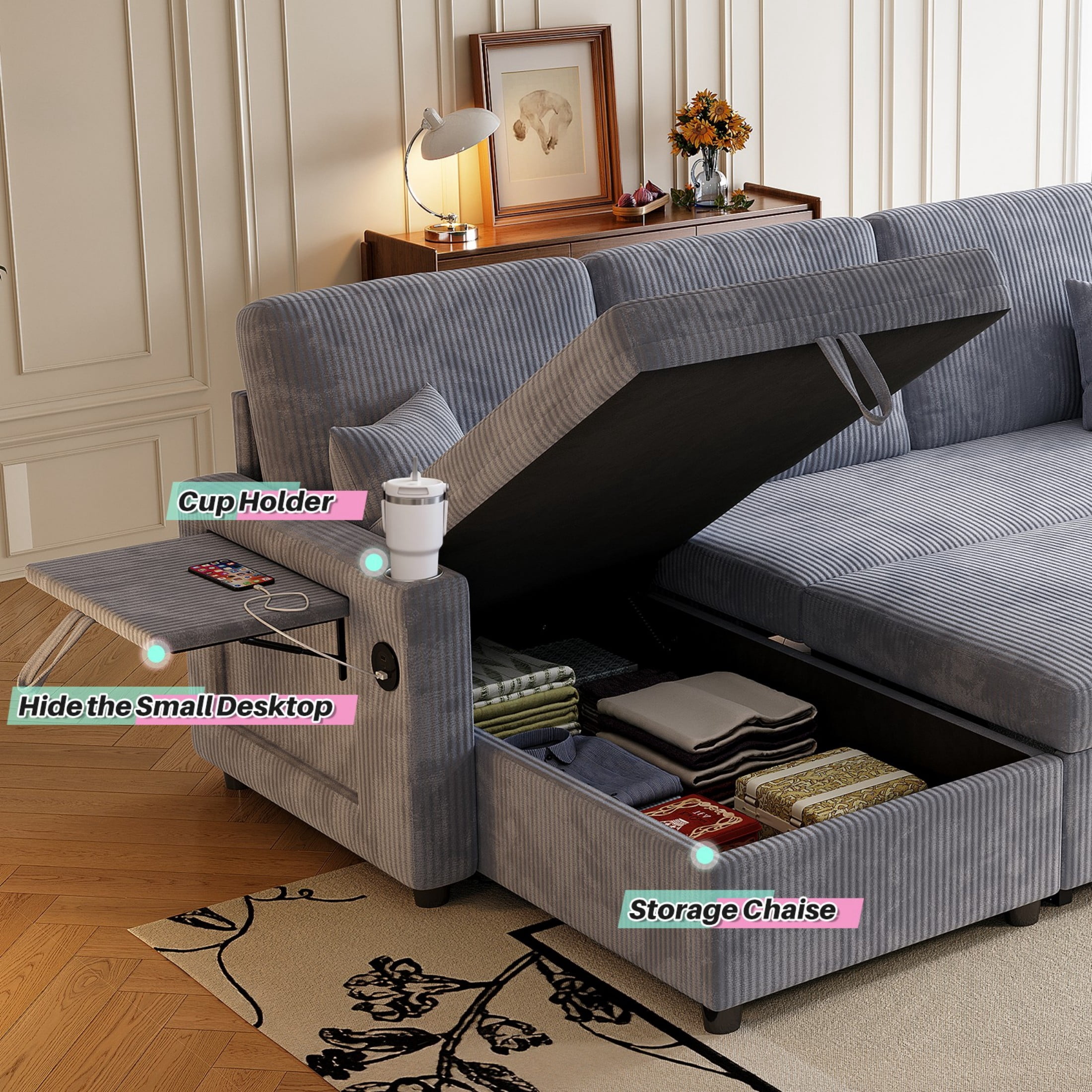 Sleeper Sectional Sofa, 83" Convertible Sofa Bed with Pull Out Couches, Small Desktop, L Shaped Couch with Reversible Chaise, Cup Holders, USB, Modern Corduroy Sofas for Living Room Apartment, Grey