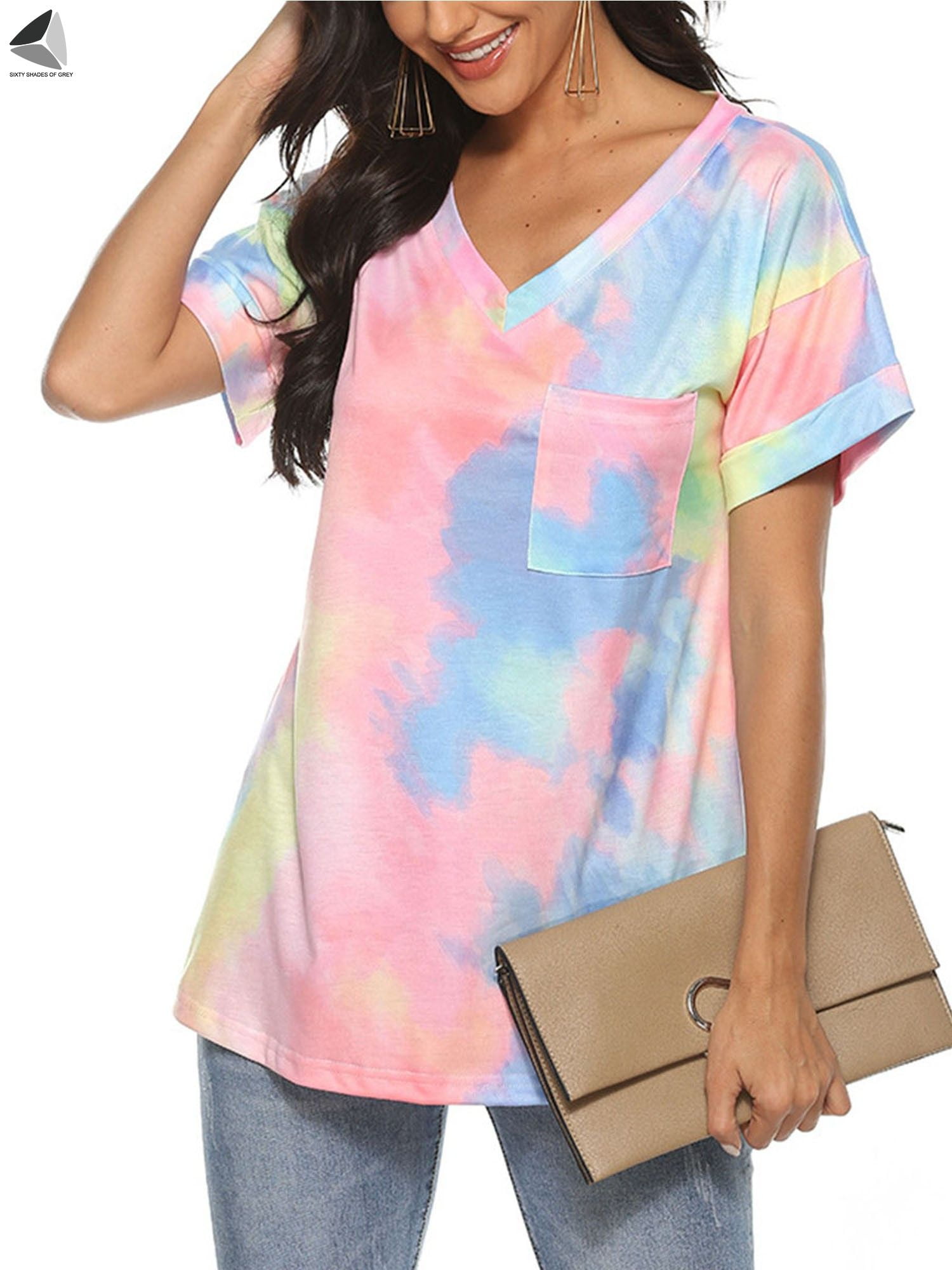 Womens V-Neck T Shirts Summer Tie-Dyed Print Casual Short Sleeve T Shirts Tops Blouse Tees by Gyouanime 