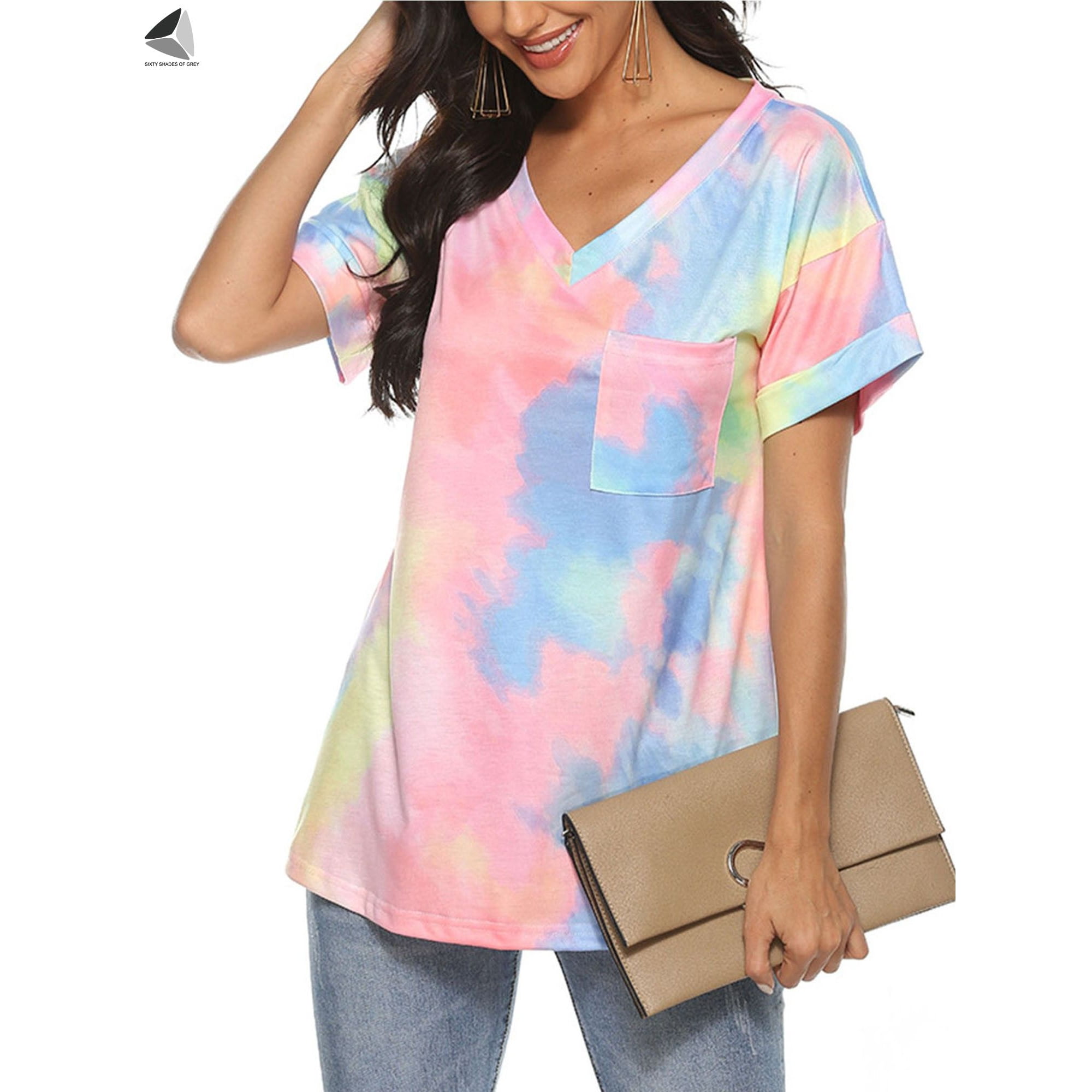 Womens Tie Dye V Neck Summer T-Shirt Top Short Sleeve Ladies Casual Loose  Blouse
