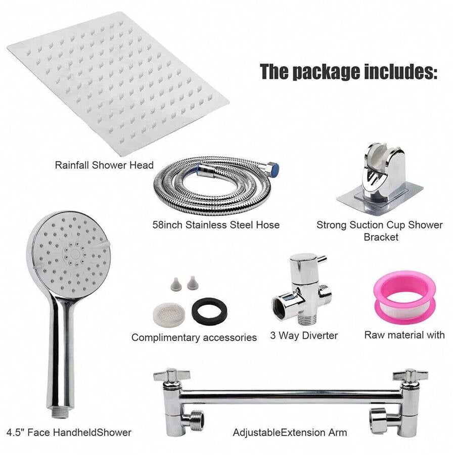 Shower Head Combo,8/10/12" Rain Square Shower Head  With 9 Inch Adjustable Extension Arm And 3 Settings Handheld Spray,150cm Long Hose