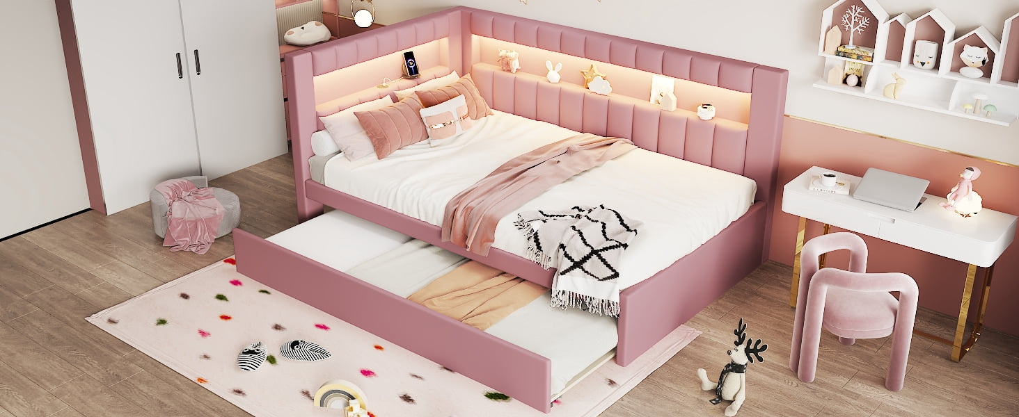 Noble House Upholstered Twin Size Platform Bed with USB Ports and LED Belt, With Trundle, Pink