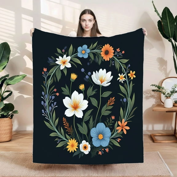 Durable Soft & Warm Flannel Blanket - Cozy Floral Design with White Blue & Orange Flowers on Dark Background for Sofa & Travel