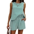 thumbnail image 6 of Green Young Adult Tops Women's Summer 2 Piece Outfits Sleeveless Tank Top Matching Shorts Sets Cotton Striped Sweatsuits Vacation Beach 2025 Going Out Tops for Women, 6 of 6