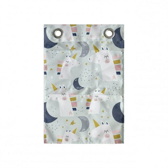 Cartoon Hanging Pocket Organizer, Pattern with Repetitive Unicorns Moon Stars and Spots, Printed Polyester Storage Bag with Pockets, 14" x 20", Multicolor
