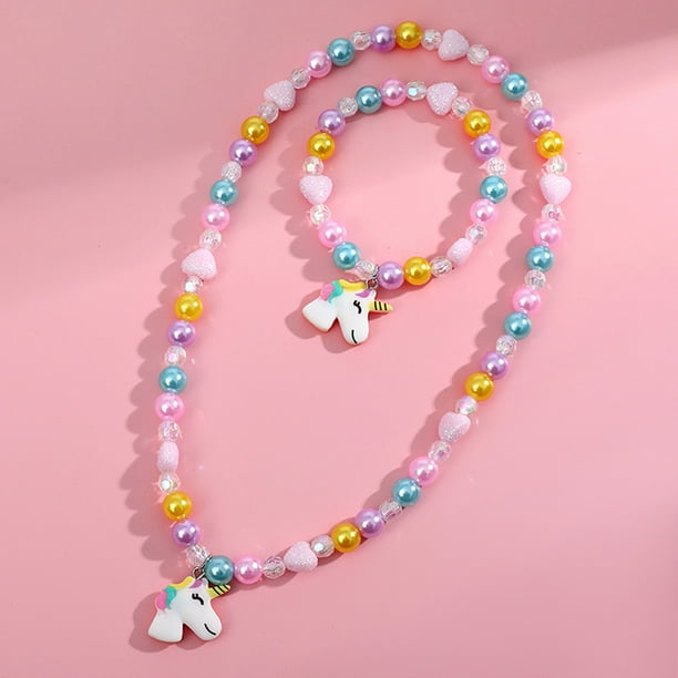 Conjunto de collar y pulsera de unicornio para niños,Conjunto de joyas coloridas para niñas pequeñas,Anillos para niñas pequeñas,Gran bisutería para que los niños se vistan y disfracen