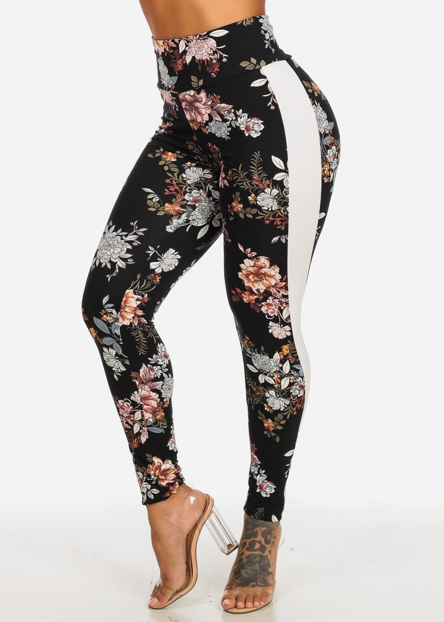 Moda Xpress Womens Juniors High Waisted Black Floral Print Stretchy