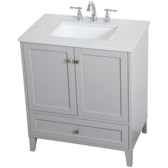 Pemberly Row Modern 30" Single Quartz Top Bathroom Vanity in Gray