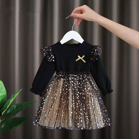 JIAYUE Kids Girls Carnival Dresses Sequins Long Sleeve Crew Neck Drop Shoulder Mid Length Tulle Patchwork A-Line For Children Stylish Everyday Wear