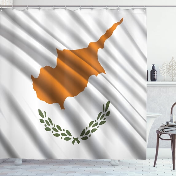 Cyprus Shower Curtain, Waving Flag Art Design of Southern Part of Cypriot Lands Image, Fabric Bathroom Set with Hooks, 69W X 75L Inches Long, White Orange and Olive Green, by Ambesonne