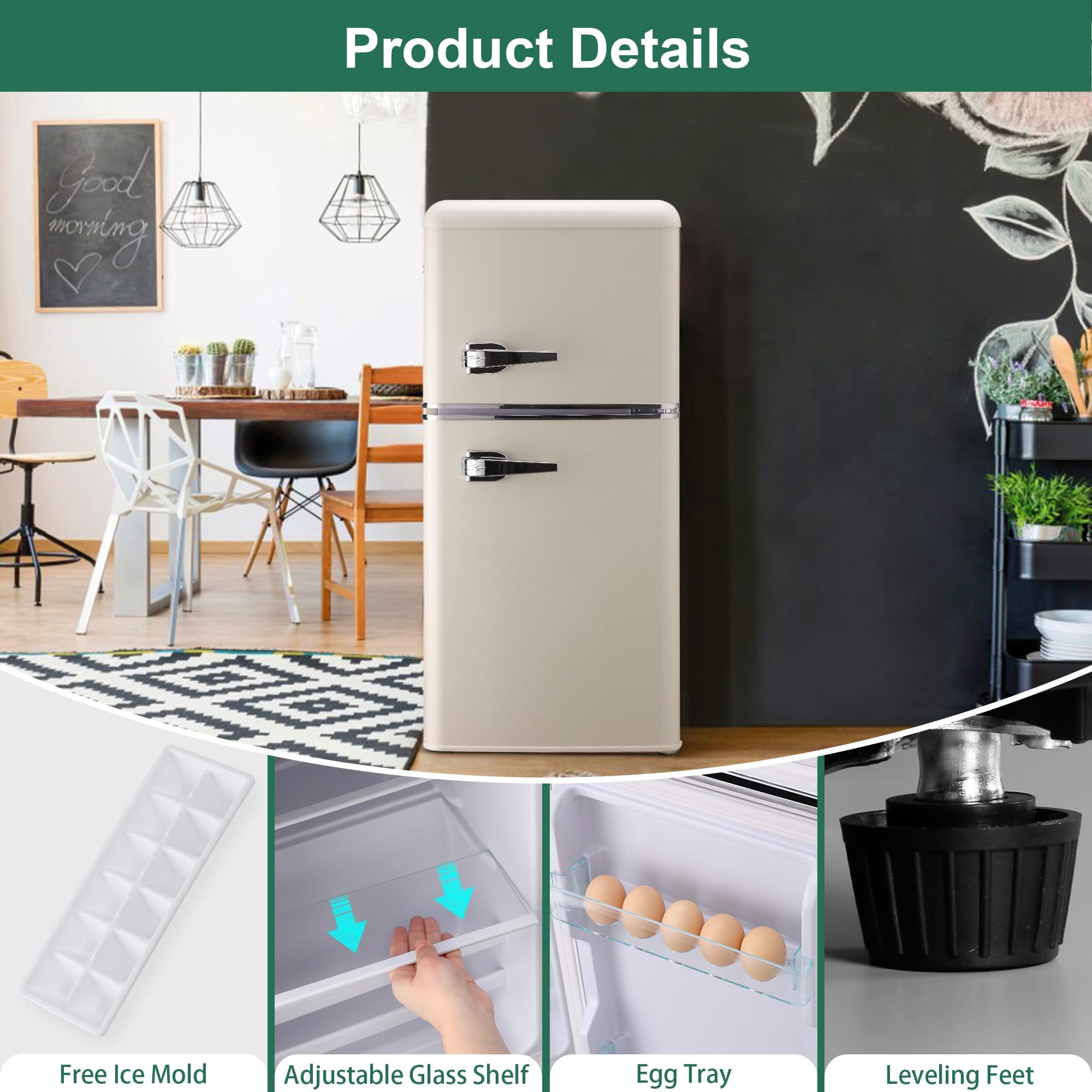 Mini Fridge with Freezer 4.0 Cu. Ft, Retro Small Refrigerator with 7 Level Adjustable Thermostat, Compact Classic Dual Door Fridge Removable Glass Shelves for Apartments, Dorm, Office, Cream
