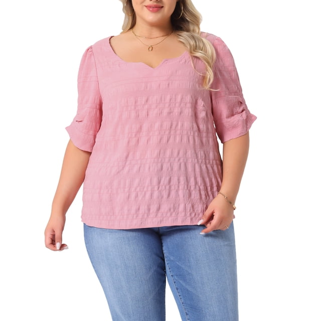 Blusas de verano casuales de mujer Agnes Orinda en talla grande, con textura plisada, cuello en V con muesca y mangas cortas con volantes, 3X, color rosa