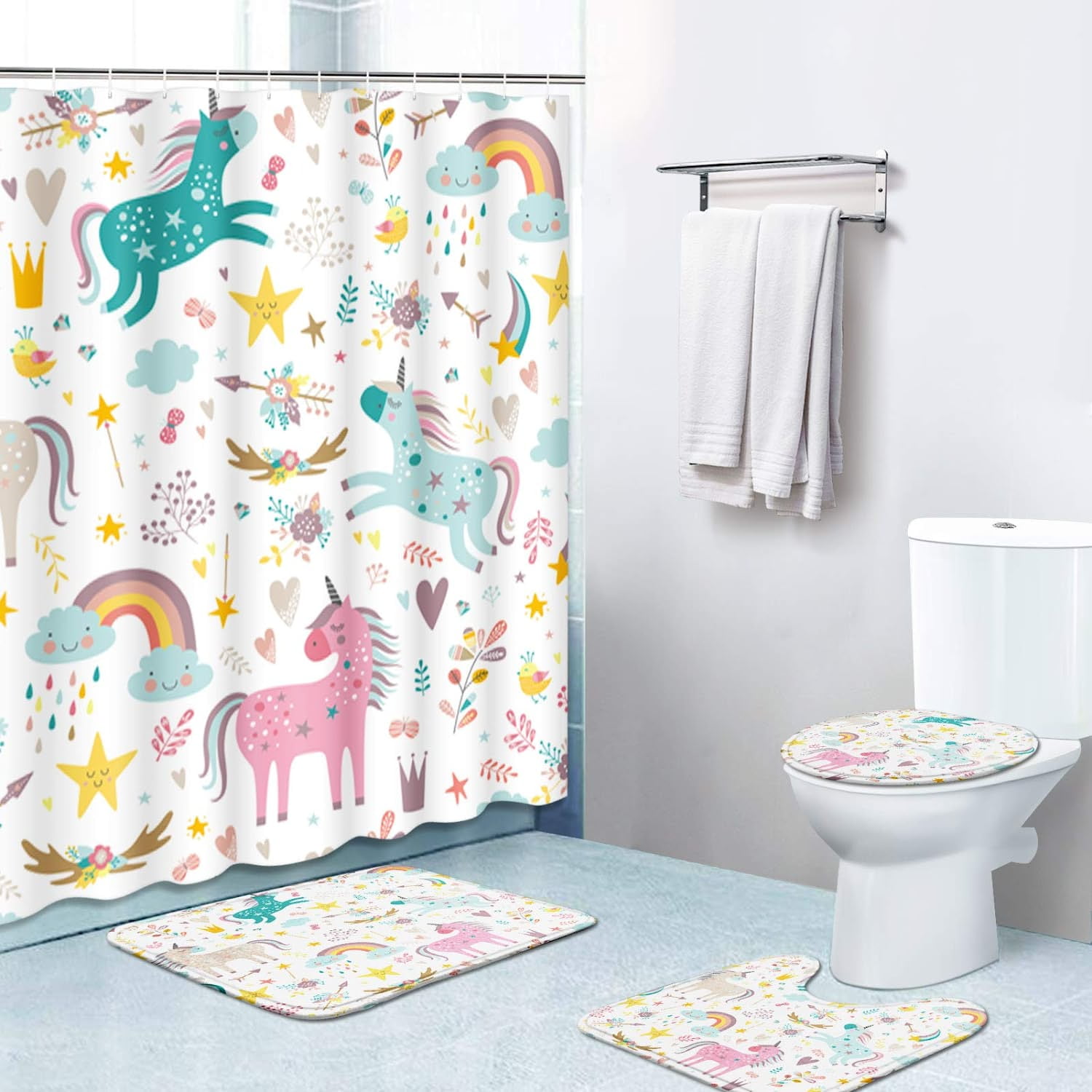 ZHANZZK Unicorns 4 Piece Bathroom Set Shower Curtain Bath Rug Contour