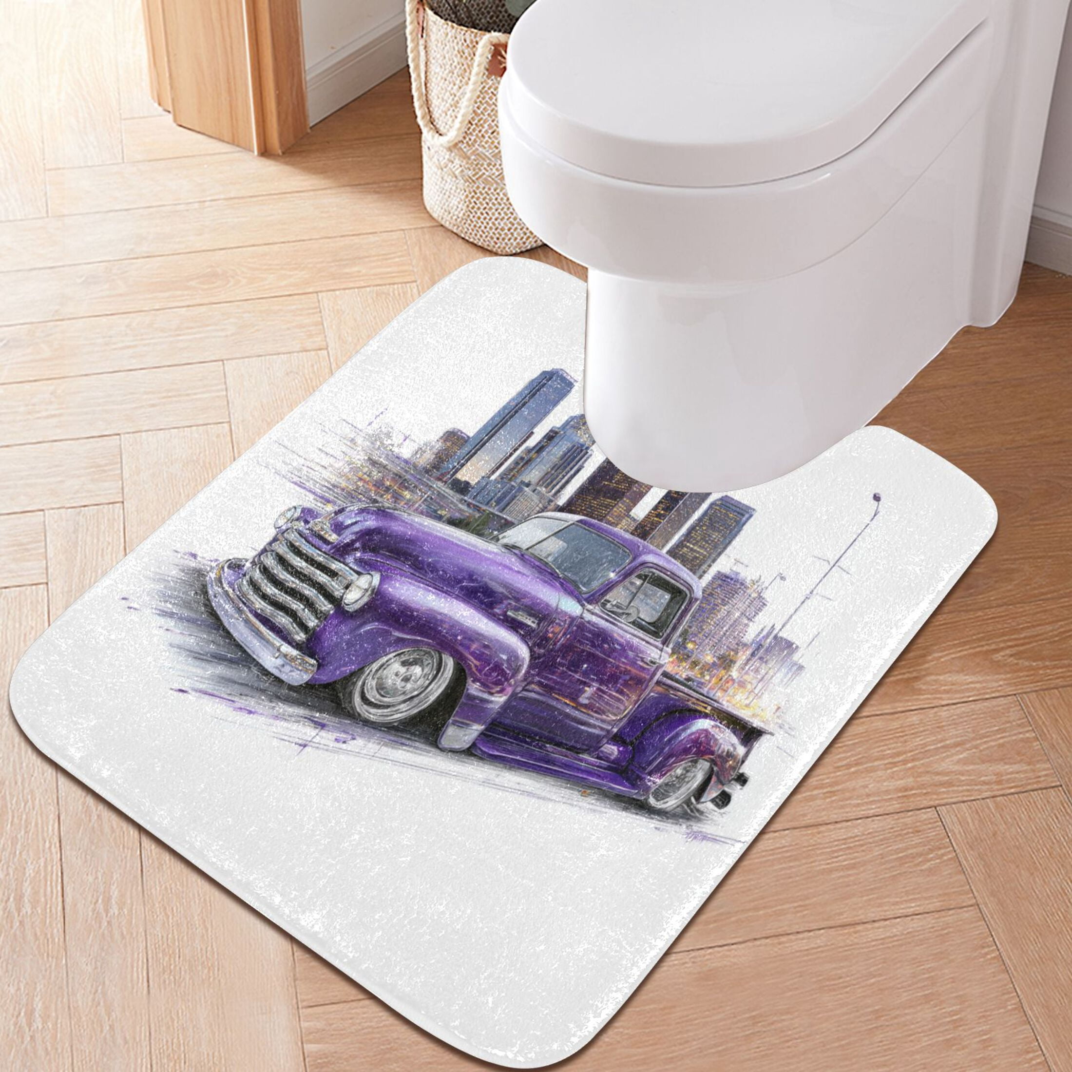 RMDQTR 2PCs Bathroom Rugs Set Plush Toilet Base Mat 16" × 24" Bath Mat and 20" × 24" U Shape Soft Rugs Non Slip Absorbent Vintage Purple Truck City Art