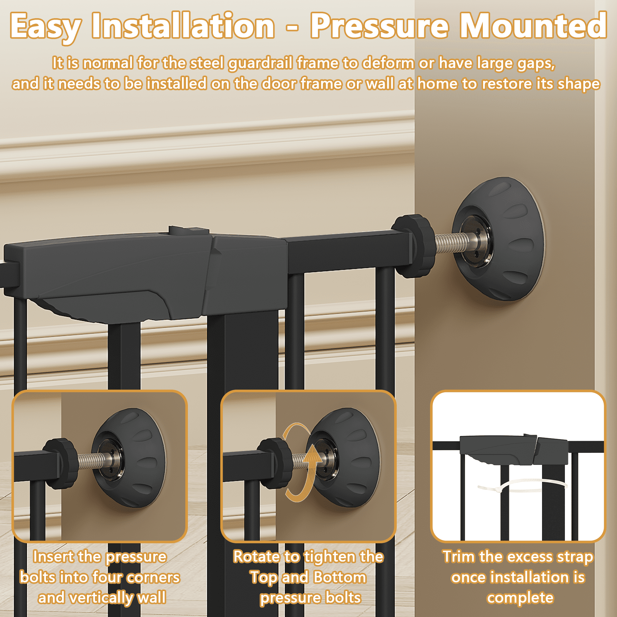 Leumius 29.5-45.3" Wide Baby Gate with Wall Protector for Stairs and Doorways, No Drilling Pressure Mounted Pet Gates for Kids, Easy Walk Through Safety Gate Black