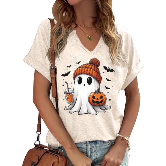 PUCKOLITY Halloween Fall V Neck Shirts for Women Funny Ghost Pumpkin Graphic Tee Tops(M,5 Apricot)