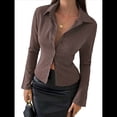 thumbnail image 2 of Camisa Corta A Rayas con Botones para Mujer, Blusa Ajustada de Larga, Camisa de Trabajo Color Café L, 2 of 9