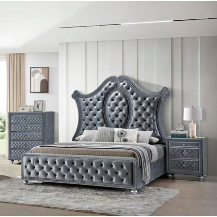 Luxurious Beautiful King Size 3pc Bed Chest Nightstand Set Tufted Gray