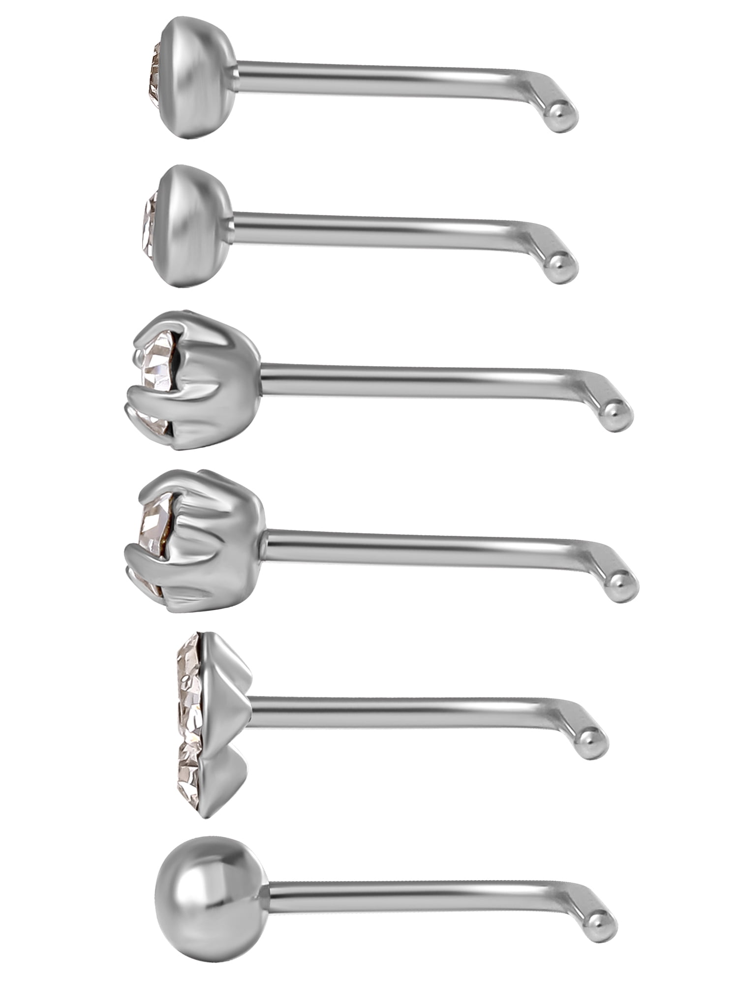 Women's Stainless Steel L-Shaped Nose Studs with Clear Crystal Value Pack