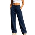 thumbnail image 2 of LEAVINGSUO Wide Leg Sweatpants for Women Drawstring Elastic Waist Side Flap Pocket Work Pants Straight cut Casual Trousers Navy S, 2 of 9
