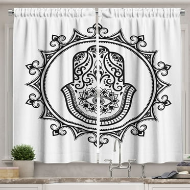 Ambesonne Evil Eye Kitchen Curtains, Hamsa Mandala Shape Art, 55"x39", White Black