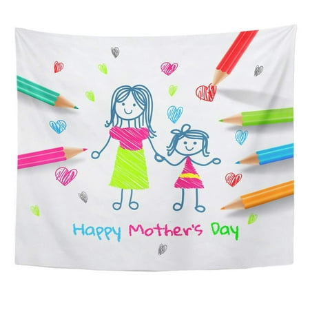 UFAEZU Sketch Blue Mom Happy Mother's Day Draw with Colored Pencils Colorful Kid Best Wall Art Hanging Tapestry Home Decor for Living Room Bedroom Dorm 51x60