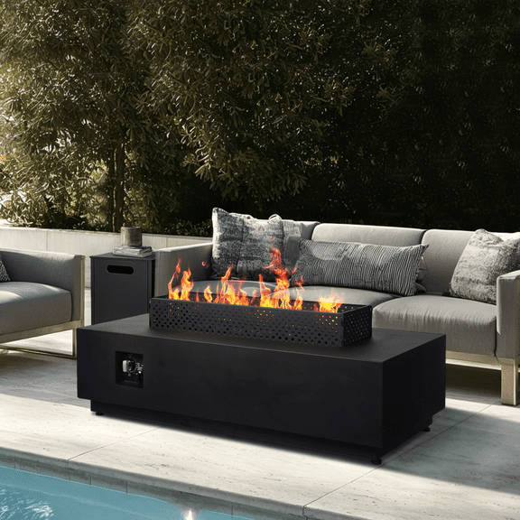 48 Inch Propane Fire Pit Table, 50,000 BTU Outdoor Fire Pit Table with Rain Cover, Tank Cover, Wind Guard for Outside Patio, Black