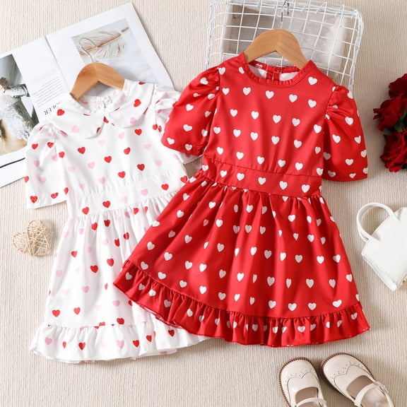 CAIXIA Baby Girl Valentines Day Outfit Toddler Girls Valentine's Day Outfit Short Sleeve Heart Print Ruffle Trim Dress Cute Party Dress