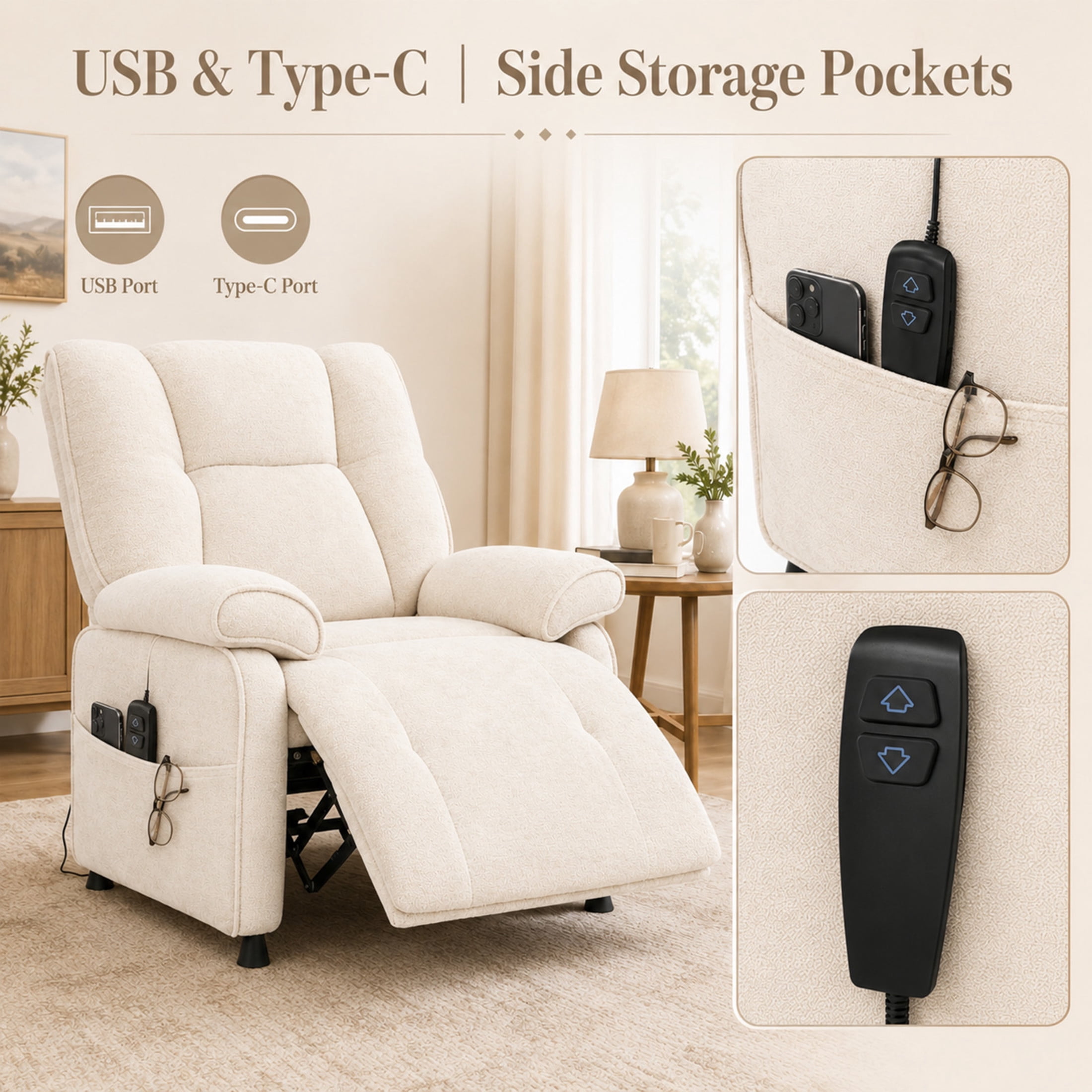 GDF Studio Rosane Electric Power Recliner Chair with Side Storage Pocket, Chenille Multi-Scene Lounge Chair, Beige