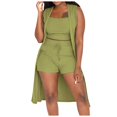 thumbnail image 1 of 2025 Conjunto de 3 piezas para mujer: abrigo sin mangas acanalado, chaleco y pantalones cortos, color liso, ropa informal/de fiesta, tallas S-XXL, 1 of 2