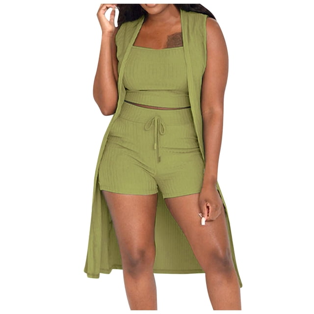 2025 Conjunto de 3 piezas para mujer: abrigo sin mangas acanalado, chaleco y pantalones cortos, color liso, ropa informal/de fiesta, tallas S-XXL