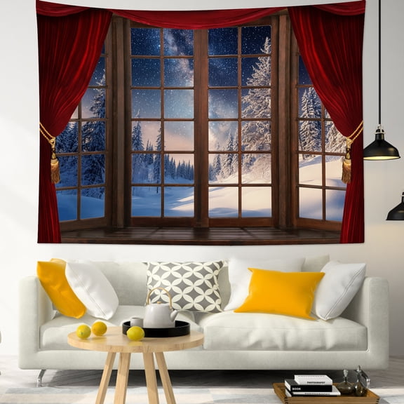 HVEST Christmas Winter Forest Tapestry Wall Hanging Snow Pine Tree Forest Outside Window Wall Tapestry for Bedroom Vintage Winter Tapestry for Living Room College Dorm Home Decor,59x51 inch