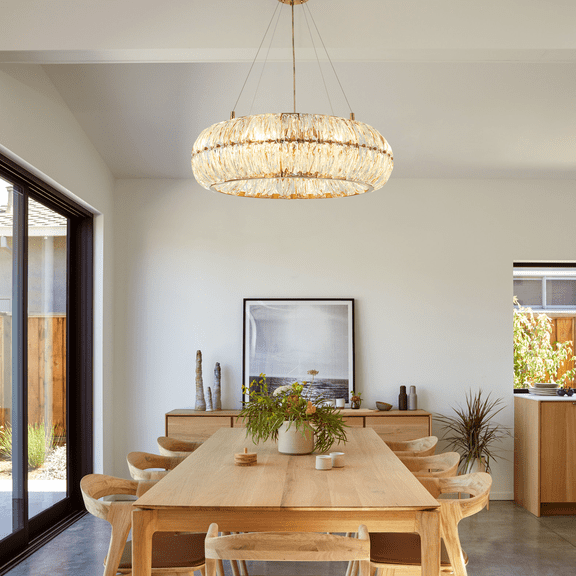 Gold Chandeliers 23.62”Modern Crystal Glass Round Chandelier 8-Light Pendant Ceiling Light Fixtures Luxury 2 Tiers Hanging Chandelier for Dining Room Foyer Living Room Bedroom