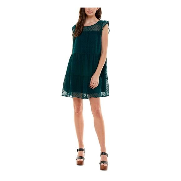 CRYSTAL DOLLS Womens Green Textured Keyhole Back Tiered Lined Cap Sleeve Boat Neck Short A-Line Dress Juniors XL