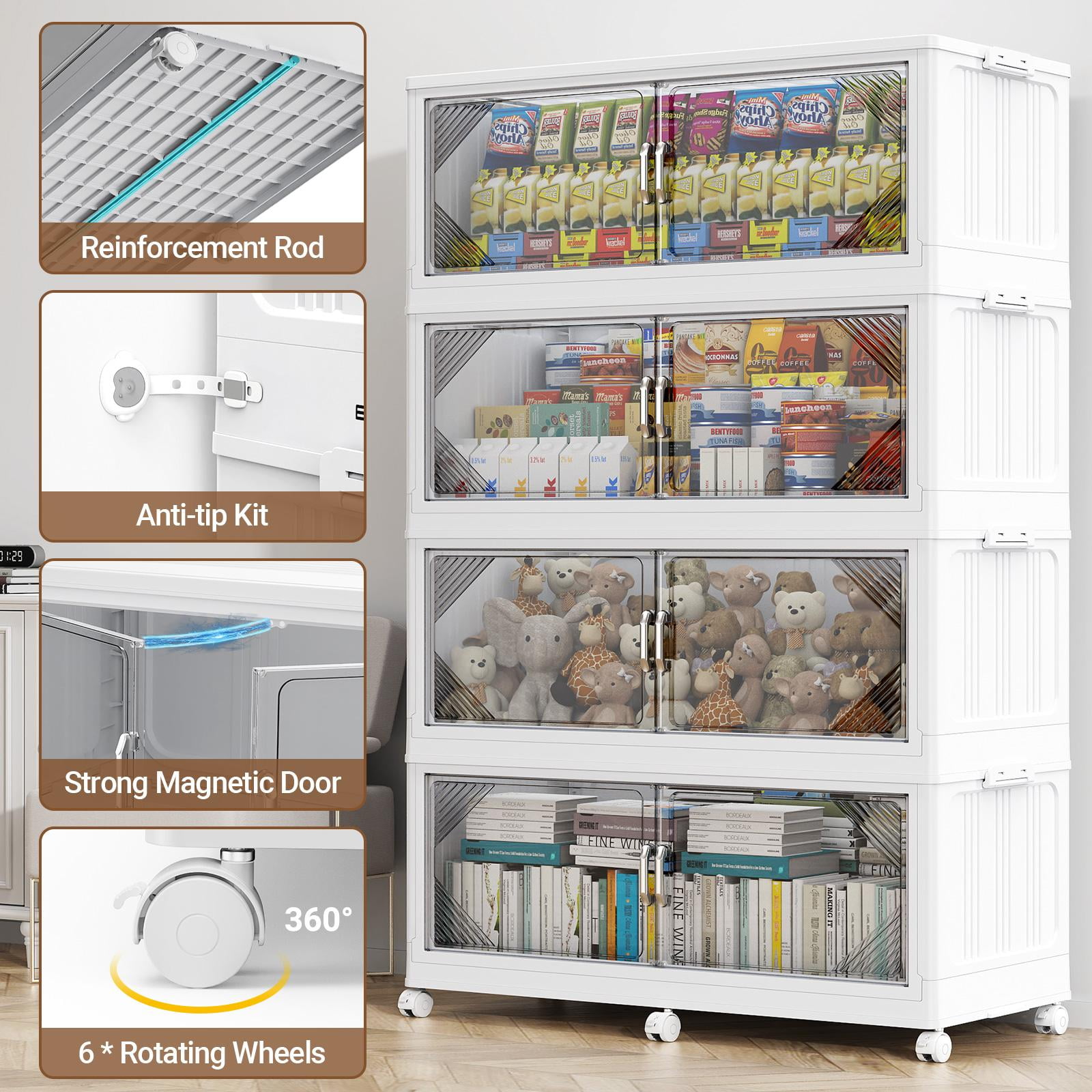 Broview 175Gal Plastic Stackable Storage Bins with Lid, 700QT Extra Large Containers With Drawers, Folding Closets with 6x Wheels, Collapsible Cabinets Organizers for Home Office, 3Pack White, V60