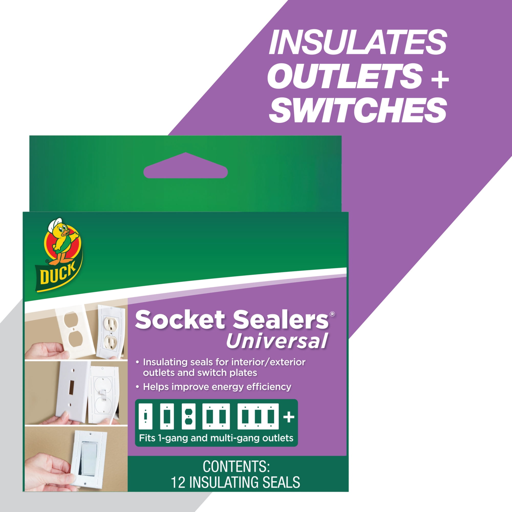 Duck Brand, 2.5 Inch X 4.31 Inch Universal Foam Socket Sealers, 12 Pack, Fits Most Outlets And Switches