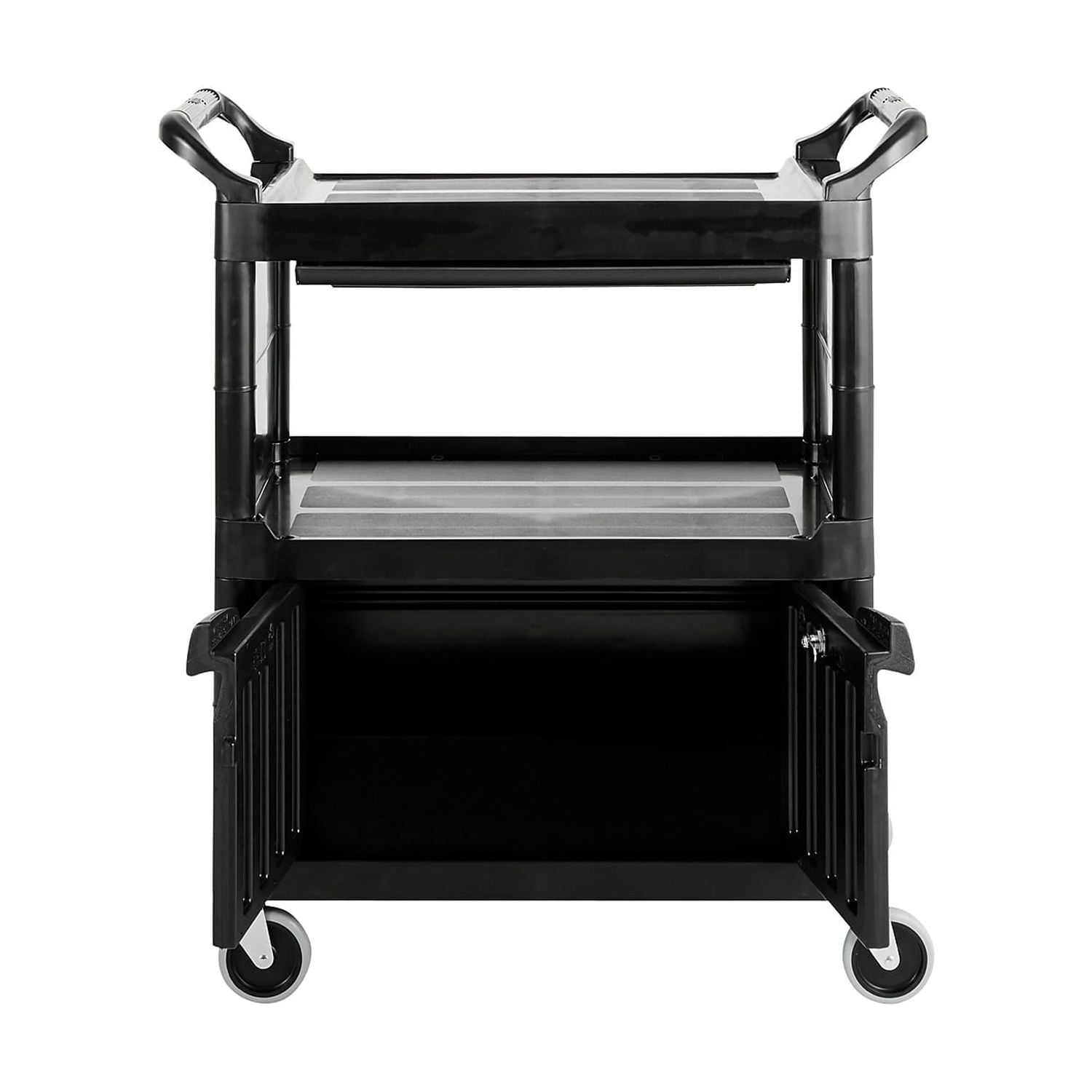 Rubbermaid Xtra Black Utility Carts Three shelves; With lockable  doors/sliding